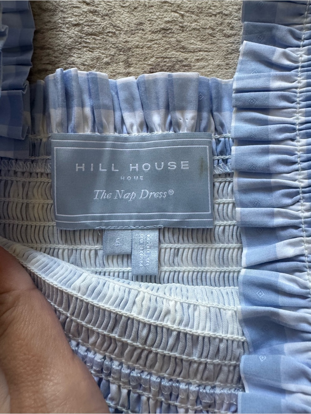 Hill House The Charlotte Nap Dress. Blue Gingham Smocked Ruffle Strap Mini Dress - Picture 2 of 2